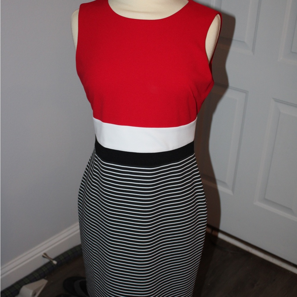Tommy Hilfiger color block red, white, and black sheath dress